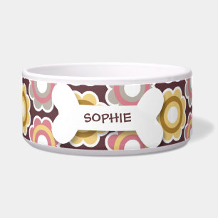 Personalised retro flowers dog bone pet food bowl