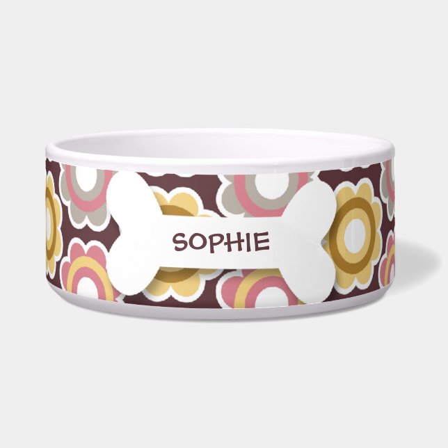 Personalised retro flowers dog bone pet food bowl (Front)