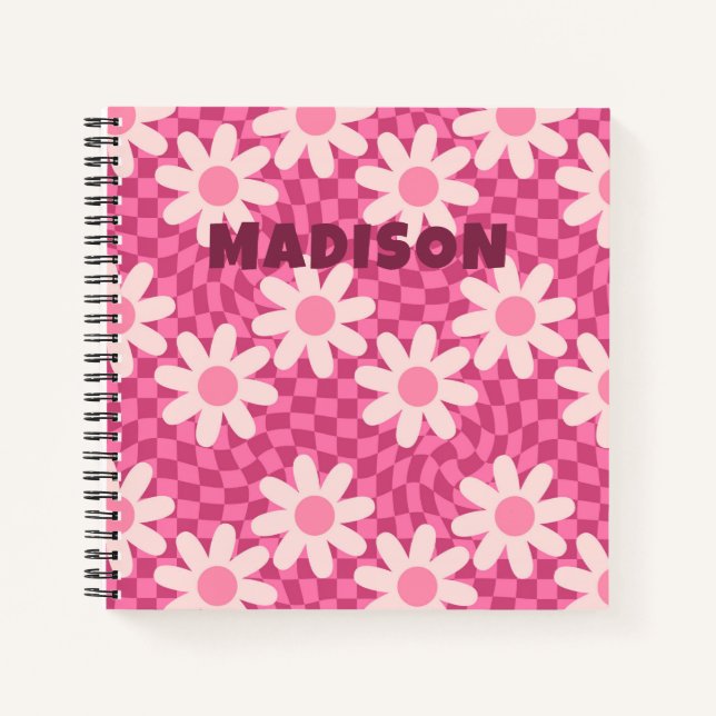 Personalised Retro Groovy Pink Daisy Flower Hippie Notebook (Front)