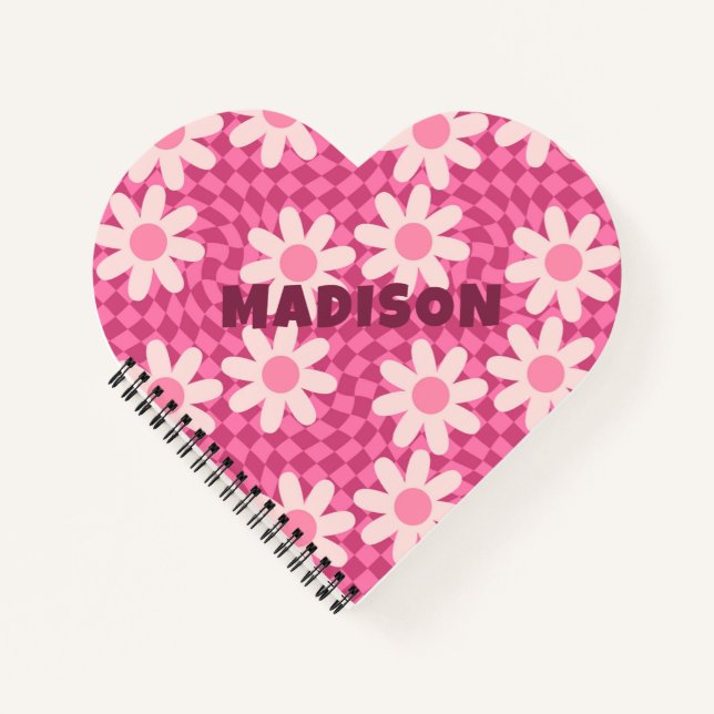 Personalised Retro Groovy Pink Daisy Flower Hippie Notebook (Front)