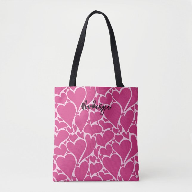 Personalised Retro Hearts Coquette Pattern Pink Tote Bag (Front)