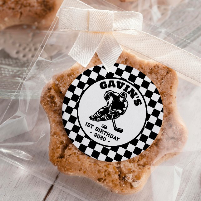 Personalised Retro Ice Hockey Birthday Party Classic Round Sticker (Creator Uploaded)