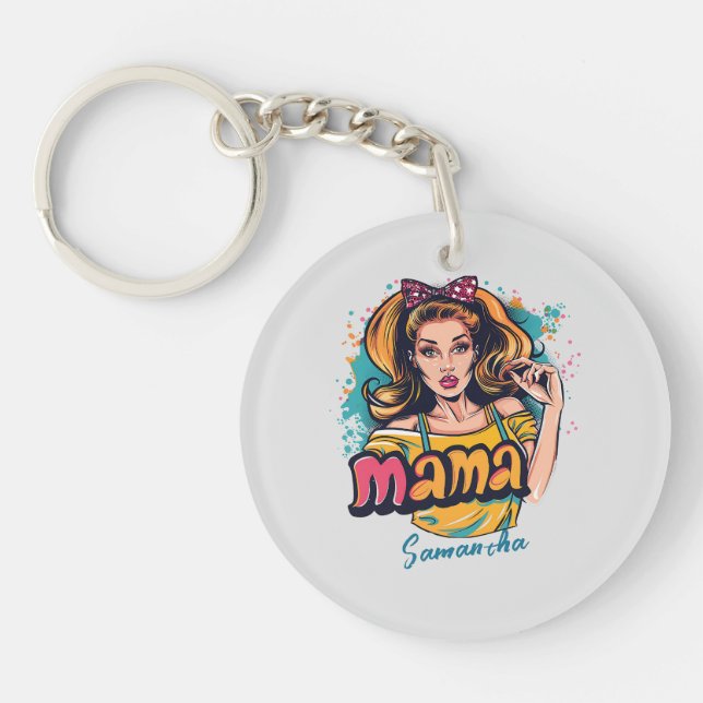 Personalised Retro  Mama Pop Art (10) Key Ring (Front)