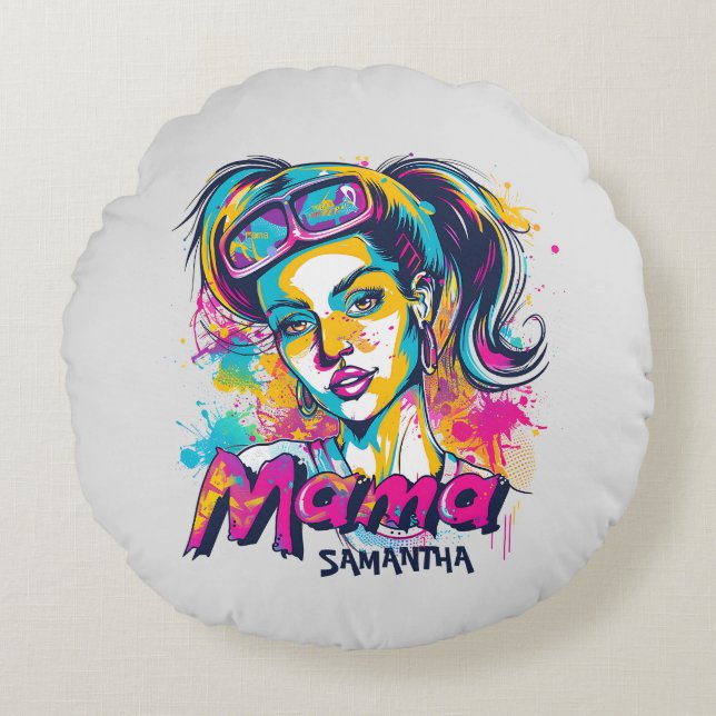 Personalised Retro  Mama Pop Art (18) Round Cushion (Front)