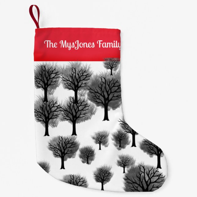 Personalised Retro Minimalist Black Holiday Trees Small Christmas Stocking (Front)