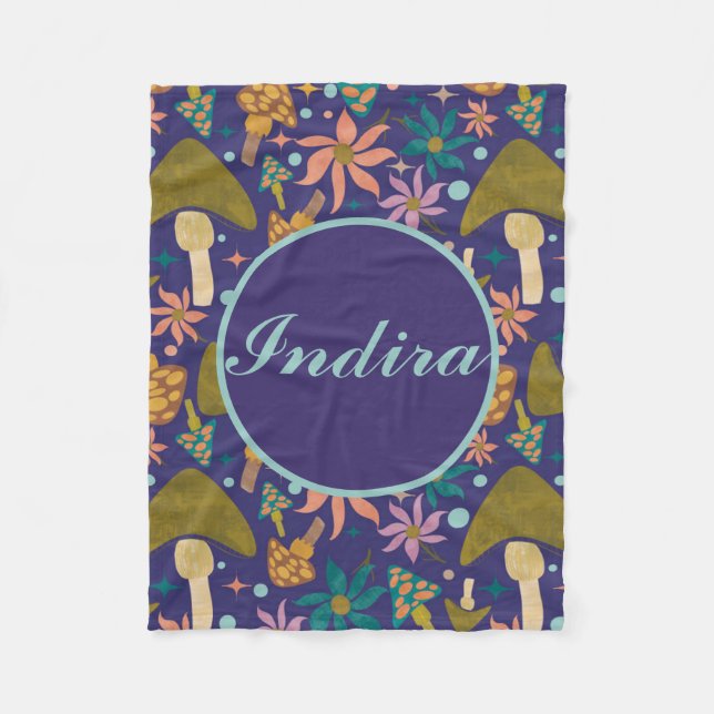 Personalised Retro Mushroom Purple Woodland Fleece Blanket (Front)