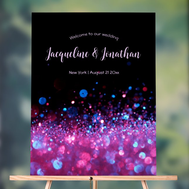 Personalised Retro Neon Pink Black Glitter Wedding Acrylic Sign (Neutral)