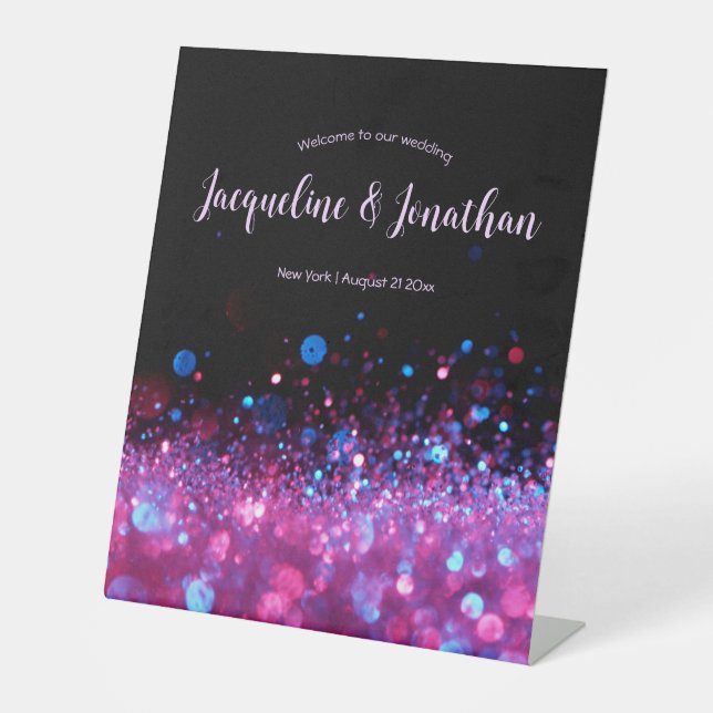 Personalised Retro Neon Pink Black Glitter Wedding Pedestal Sign (Front)