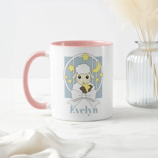 Personalised Retro Pastel Blue Cute Cartoon Lamb Mug (Creator Uploaded)