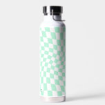Personalised Retro Pastel Mint Wavy Chequered Water Bottle<br><div class="desc">Modern retro Water Bottle in pastel checks with custom name</div>