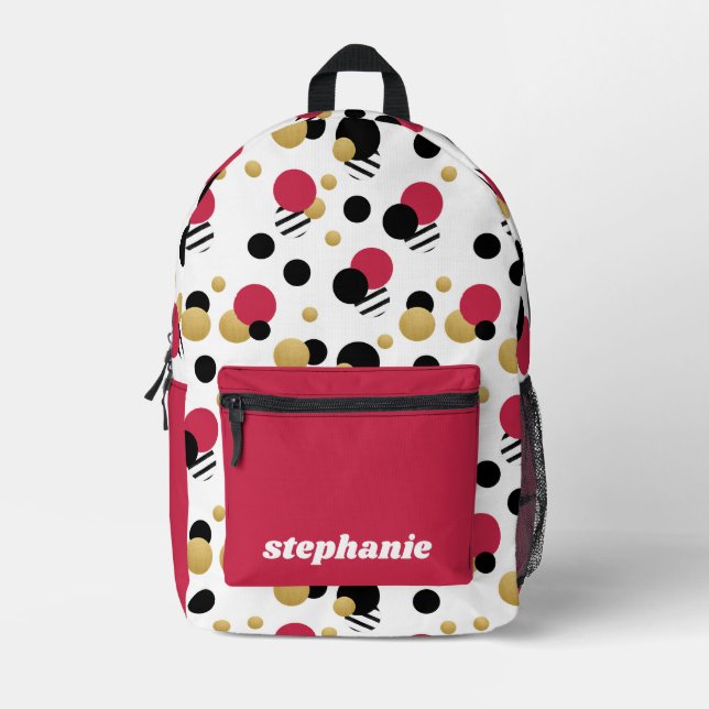 Personalised Retro Polka Dot Magenta Pink Printed Backpack (Front)