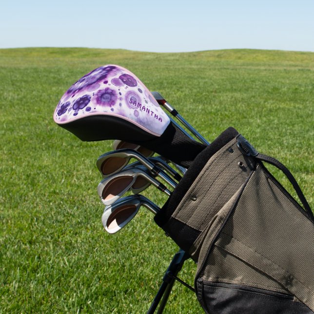 Personalised Retro Purple Violet Pink Art Pattern Golf Head Cover (In Situ)