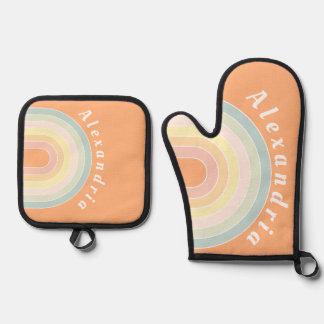 Personalised Retro Rainbow Pastel Oven Mitt & Pot Holder Set