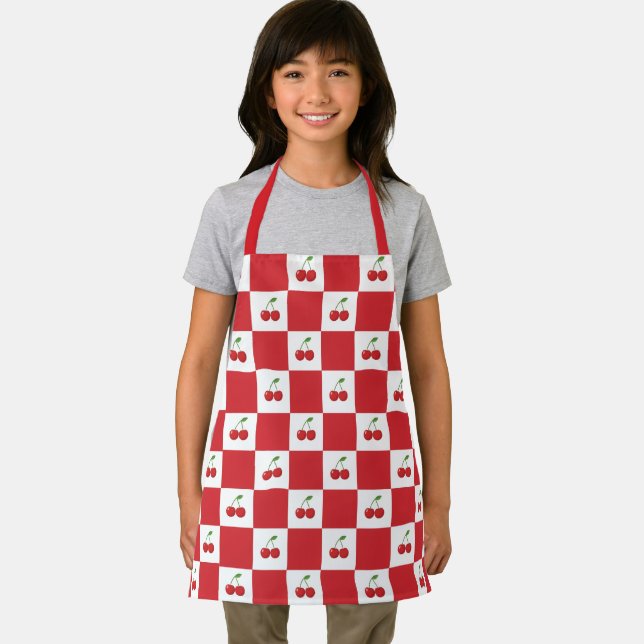 Personalised Retro Red Cherry & Gingham Chequered  Apron (Insitu)