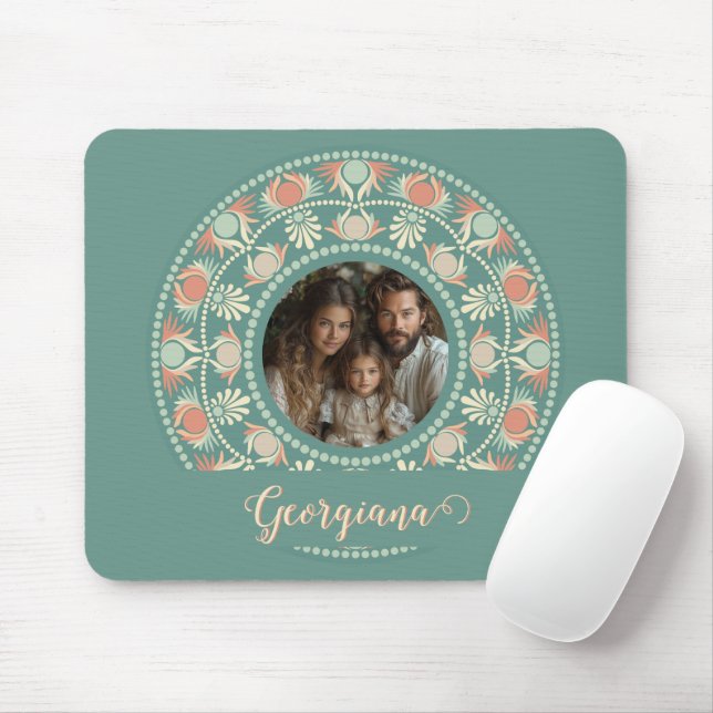 Personalised Retro Sage & Sand Mandala Photo Frame Mouse Pad (With Mouse)