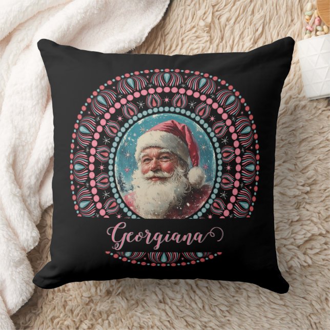 Personalised Retro Santa Pinkmas Floral Mandala Cushion (Blanket)