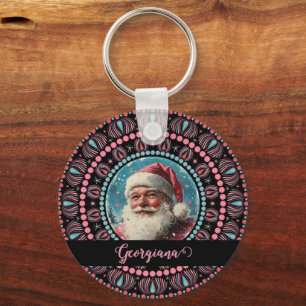 Personalised Retro Santa Pinkmas Floral Mandala Key Ring