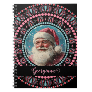 Personalised Retro Santa Pinkmas Floral Mandala Notebook