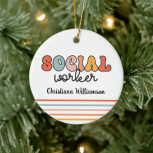 Personalised Retro Social Worker Ceramic Tree Decoration