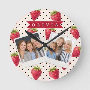 Personalised Retro Strawberry Polka Dot Vintage Round Clock