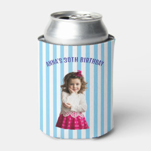Personalised Retro Stripe Photo 30th 40th Birthday Can Cooler