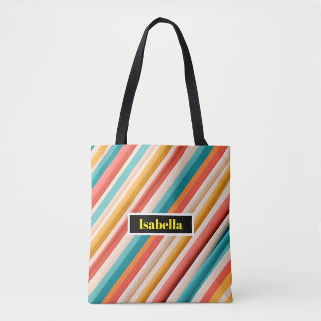 Personalised Retro Striped Shoulder Tote  Bag (Front)