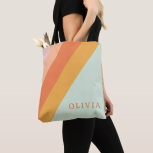 Personalised Retro Stripes Mint Peach Pastel Tote Bag