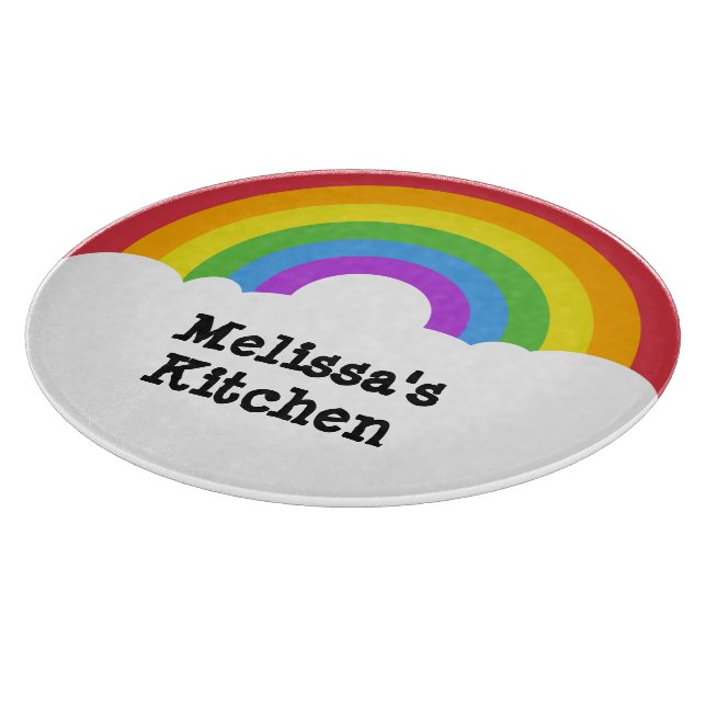 Personalised Retro Style Round Rainbow and Clouds Cutting Board (Corner)