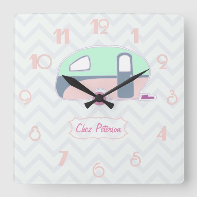 Personalised Retro Vintage Caravan Design Square Wall Clock (Front)