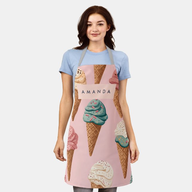 Personalised Retro Vintage Ice Cream Cone Pattern Apron (Worn)