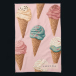 Personalised Retro Vintage Ice Cream Cone Pattern Tea Towel<br><div class="desc">ndulge in the sweetness of this colourful ice cream cone pattern, featuring a delightful assortment of flavours in waffle cones topped with sprinkles and chocolate, all set against a soft pink background. This whimsical and playful design is perfect for summer-themed products, stationery, apparel, and home decor. Whether for foodies, dessert...</div>