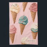 Personalised Retro Vintage Ice Cream Cone Pattern Tea Towel<br><div class="desc">ndulge in the sweetness of this colourful ice cream cone pattern, featuring a delightful assortment of flavours in waffle cones topped with sprinkles and chocolate, all set against a soft pink background. This whimsical and playful design is perfect for summer-themed products, stationery, apparel, and home decor. Whether for foodies, dessert...</div>