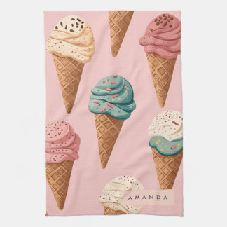 Personalised Retro Vintage Ice Cream Cone Pattern Tea Towel