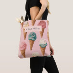 Personalised Retro Vintage Ice Cream Cone Pattern Tote Bag<br><div class="desc">ndulge in the sweetness of this colourful ice cream cone pattern, featuring a delightful assortment of flavours in waffle cones topped with sprinkles and chocolate, all set against a soft pink background. This whimsical and playful design is perfect for summer-themed products, stationery, apparel, and home decor. Whether for foodies, dessert...</div>
