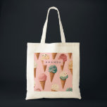 Personalised Retro Vintage Ice Cream Cone Pattern Tote Bag<br><div class="desc">Indulge in the sweetness of this colourful ice cream cone pattern, featuring a delightful assortment of flavours in waffle cones topped with sprinkles and chocolate, all set against a soft pink background. This whimsical and playful design is perfect for summer-themed products, stationery, apparel, and home decor. Whether for foodies, dessert...</div>