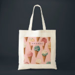 Personalised Retro Vintage Ice Cream Cone Pattern Tote Bag<br><div class="desc">Indulge in the sweetness of this colourful ice cream cone pattern, featuring a delightful assortment of flavours in waffle cones topped with sprinkles and chocolate, all set against a soft pink background. This whimsical and playful design is perfect for summer-themed products, stationery, apparel, and home decor. Whether for foodies, dessert...</div>