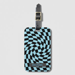 Personalised Retro Warped Black Blue Chequered Luggage Tag