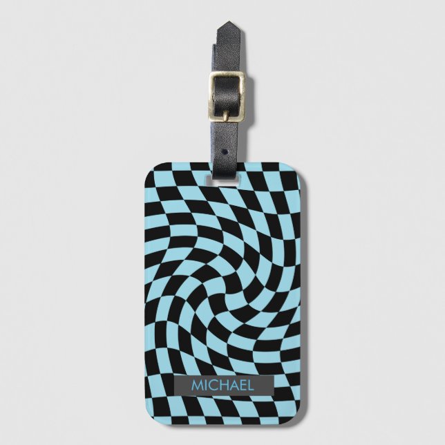 Personalised Retro Warped Black Blue Chequered    Luggage Tag (Front Vertical)