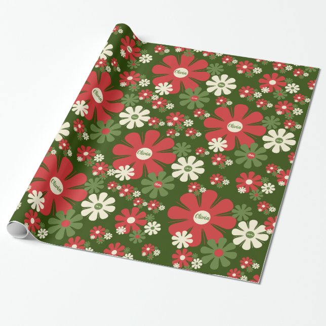 Personalised Retro Xmas 60s 70s Floral Pattern Wrapping Paper (Unrolled)