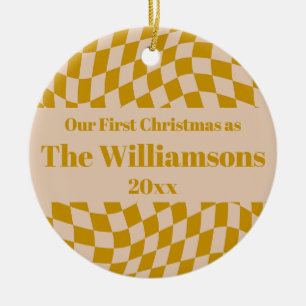 Personalised Retro Yellow Chequerboard Christmas  Ceramic Tree Decoration