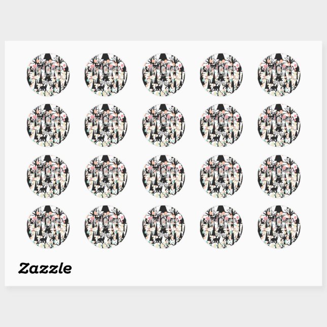 Personalised RetroMinimalist BlackCats & Branches Classic Round Sticker (Sheet)