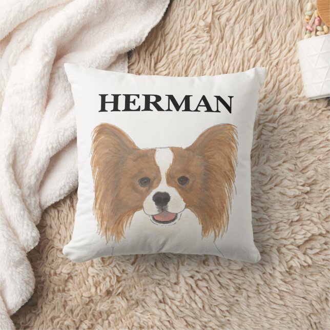 Personalised Reversible Red & White Papillon Dog Cushion (Blanket)