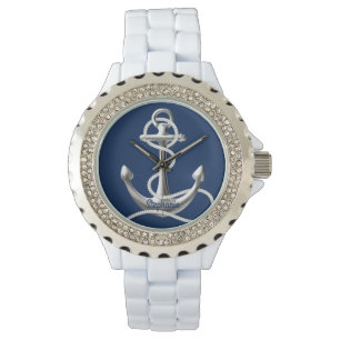 Personalised rhinestone watch silver anchor