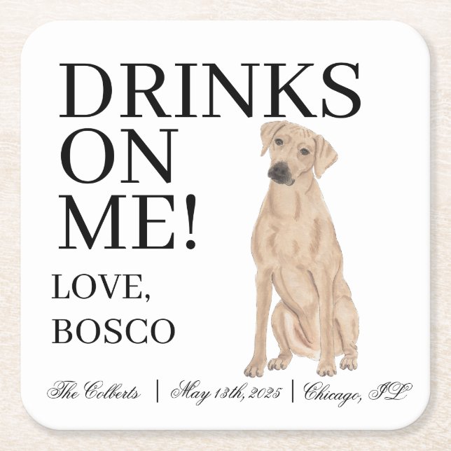 Personalised Rhodesian Ridgeback Dog Wedding Square Paper Coaster (Front)