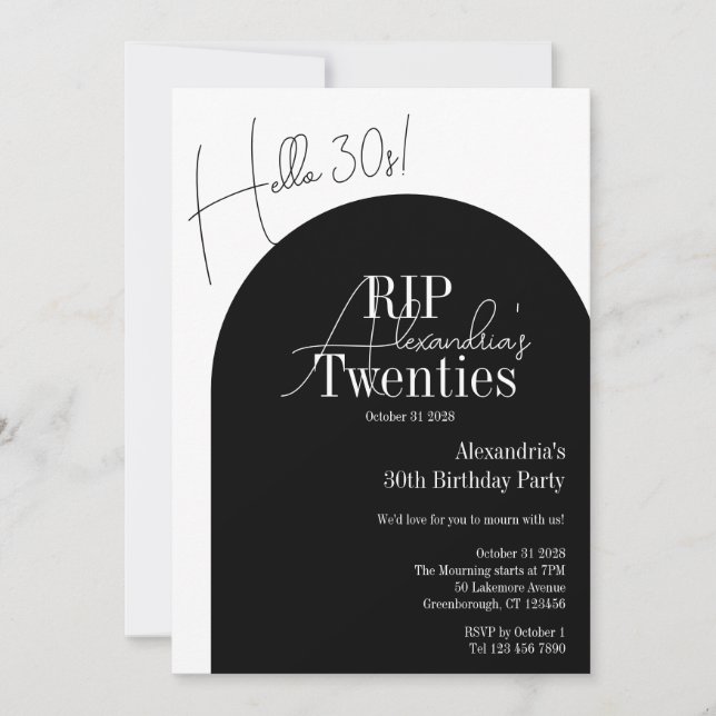 Personalised RIP 20s Hello 30s 30th birthday party Invitation (Front)
