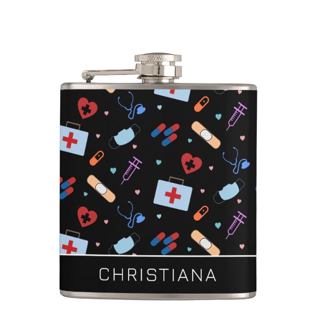 Personalised RN Nurse | Doctor Medical Pattern Hip Flask (Front)