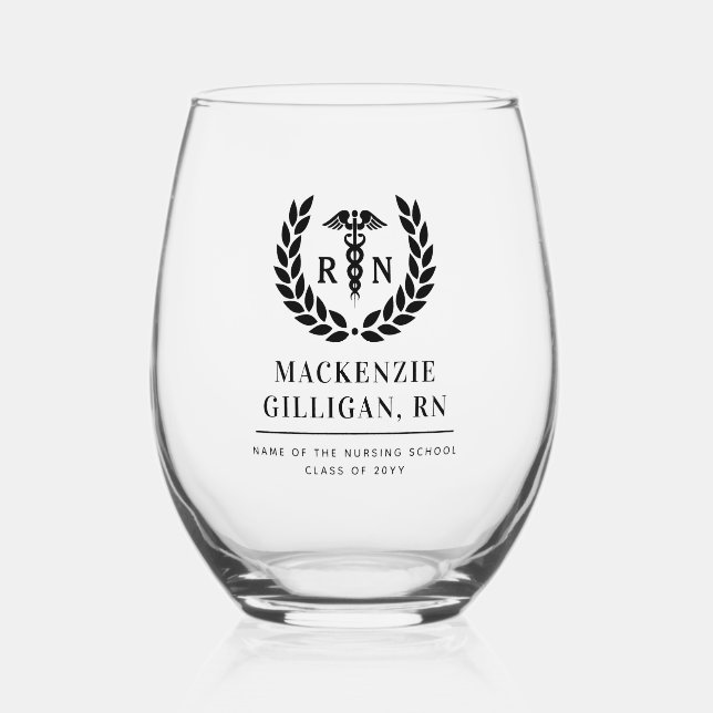 Personalised RN Nursing School Graduation Elegant Stemless Wine Glass (Front)