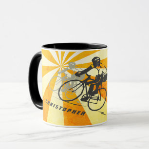 Personalised Road Cyclist and Retro Sunburst Bike Mug