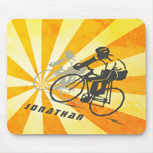 Personalised Road Cyclists and Retro Sunburst Bike Mouse Pad (Front)