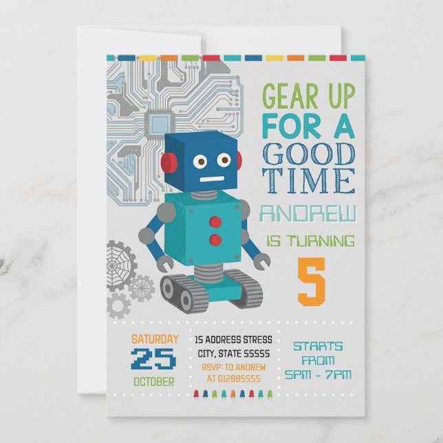 Personalised Robot Birthday party Invitation (Front)